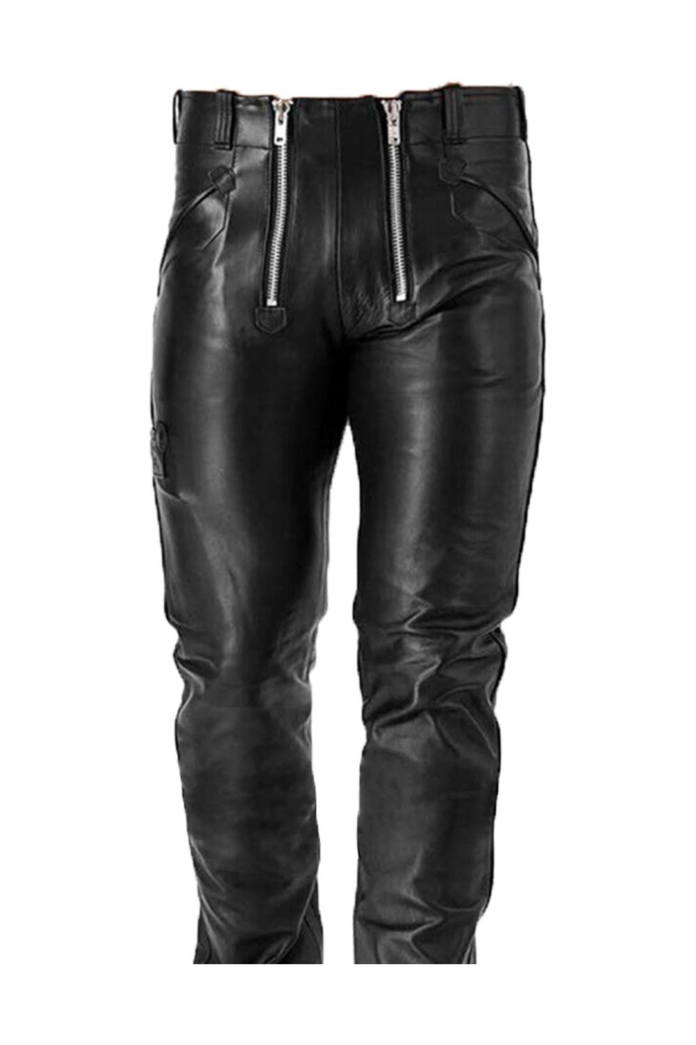 Double Zipper Leather Pants for Men Real Leather